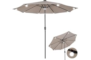 YU YUSING YUSING 9.5‘ Outdoor Patio Umbrella, Solar LED Bulb Lighted Patio Umbrella with 8 Ribs Tilt &Waterprool UV Protection& Push Button Tilt & Crank Lift System for Garden/Lawn/Backyard/Pool(Tan)