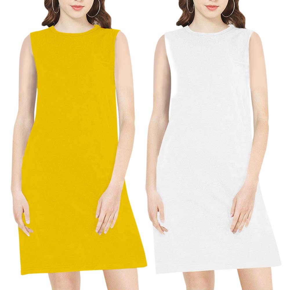 Buy OPLU Womens Plain Knee Length Cotton Round Neck Sleeveless Combo Pack of 2 Yellow, White