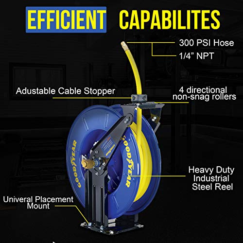GOODYEAR Air Hose Reel Retractable 3/8" Inch x 50' Feet Long Premium Commercial SBR Hose Max 300