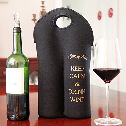 Wine Carrier Tote Bag- Durable Neoprene Wine/water Bottle Tote, Black - Great Gift That Keeps Wine Bottle Insulated on the Go (2-bottle) - Thumbnail 3