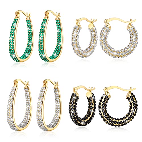 4 Pairs 14K Gold Plated Cubic Zirconia Hoop Earrings for Women Gilrs Oval Round Chunky Crystal Hoops Earrings Jewelry Multipack