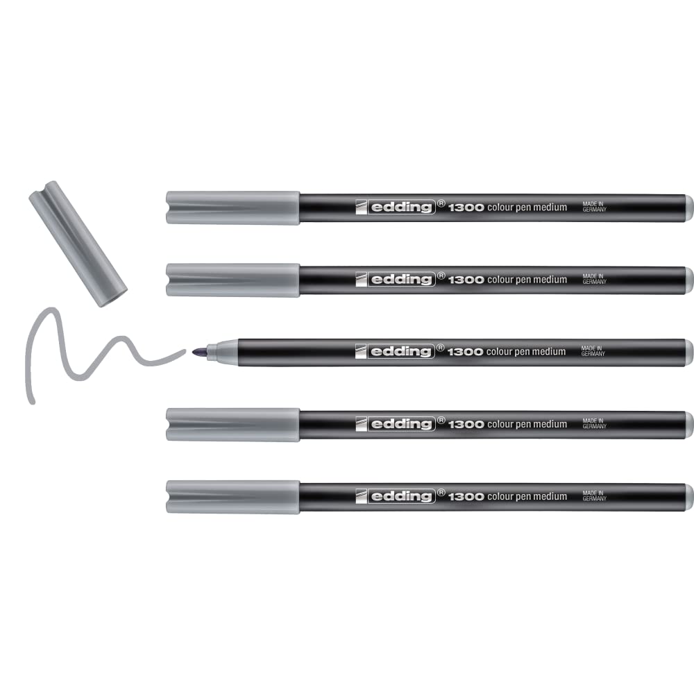 edding 1300 colour pen medium - silver grey - 5 pens - round nib 2 mm - felt pen for drawing and writing - felt pen for school, mandalas, bullet journals