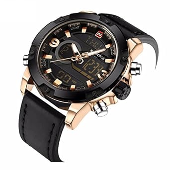 Naviforce Golden Black Dual Time Watch Genuine Leather Strap 909