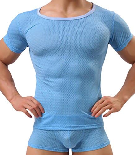 YYear Men Stylish Breathable 2 Pieces Shorts Sleeve T-Shirts with Pants Pajama Set Azure XL