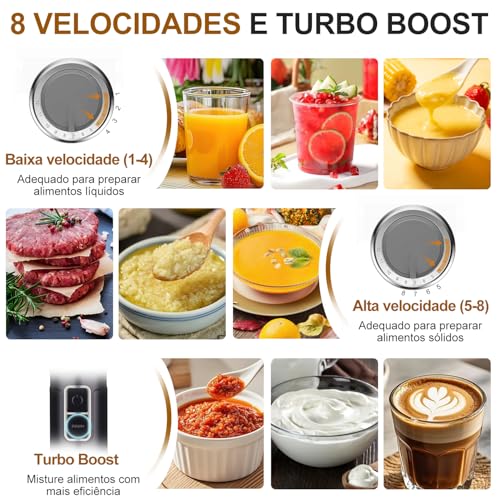 TURU HOME 6 em 1 mixer de mão, 1000W, 8 velocidades, Exibição digital LCD, Vem com um copo de 860 ml, Livre BPA,Triturador de 600 ml, Adequado para sopas, smoothies e purés(220V)