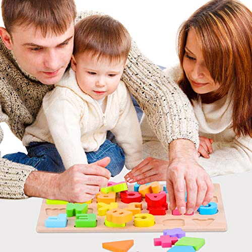AiTuiTui Alphabet Puzzle Board Numbers Shapes 3 Sets Wooden Blocks for Toddlers, Colorful ABC Wooden Letters 1-20 Numbers Shapes Early Learning Toys for Kids Age 3 4 5 6