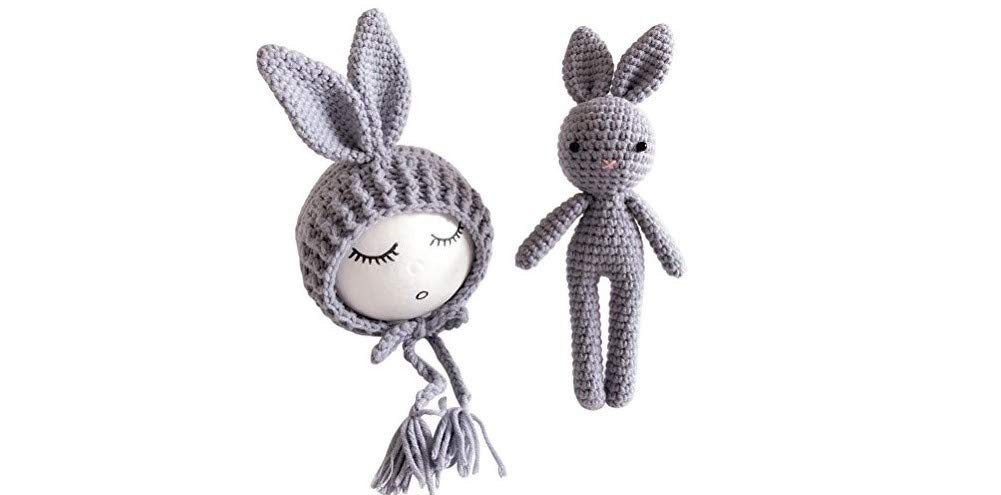 Matissa Newborn Baby Crochet Knit Costume Photography Prop Baby Bunny Hat and Doll Set (Grey)