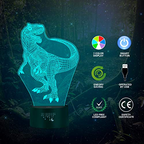 Dinosaur 3D Night Light, Rquite Decorative Bedside Lamp for Kids Room, LED Optical Illusion Lamps Touch Switch 7 Color Changing Lighting, Holiday Xmas Birthday Gifts for Baby Boys Girls - Thumbnail 5