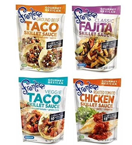 Frontera Gourmet Mexican Simmer Sauce 4 Flavor Variety Bundle, 1 Each: Roasted Tomato Chicken, Ground Beef Taco, Veggie Taco, and Classic Fajita, 8 Oz. Ea. (4 Pouches Total)