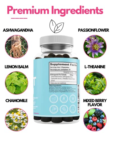 ASHUBA Reset Stress Relief Gummies| Ashwagandha, Lemon Balm, Passionflower, L-theanine, Chamomile | Boosts Energy, Supports Mood, Relaxes Mind & Body| Vegan, Non-GMO & Lab Tested-60 Gummies