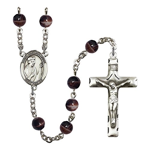 St. Thomas More Silver-Plated Rosary 7mm Brown Beads Crucifix Size 1 3/4 x 1 medal charm