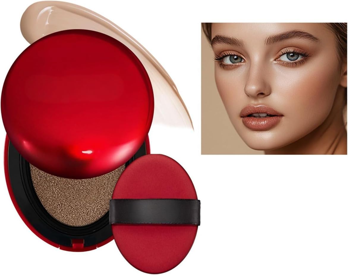 Cushion Foundation, Semi-Matte Finish 72-Hour Foundation Full Coverage Sun Protection, Waterproof, Clear Makeup Red+Shell+Air Focuses on Keeping The Coverage Great,18g