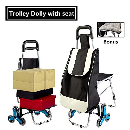 Besthls Trolley Dolly with Seat,Stair Climbing Multipurpose Folding Shopping Grocery Cart Utility Cart,Black