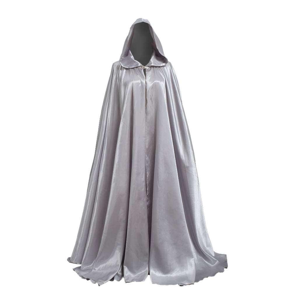 GRACEART Hooded Cloak Bridal Cape Full Length Satin Robe Halloween Cosplay Costume 136cm for Unisex Adults (Silver)