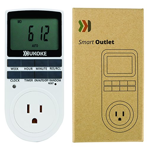 Timer Outlet, UKOKE 7 Day light Timer Switch, Weekly Timer with Outlet, Programmable Digital Smart Wall Plugin 3-Prong Outlet, 15A/1800W 120V Vacation Random Mode Save up to 10 programs, Outlet Timer