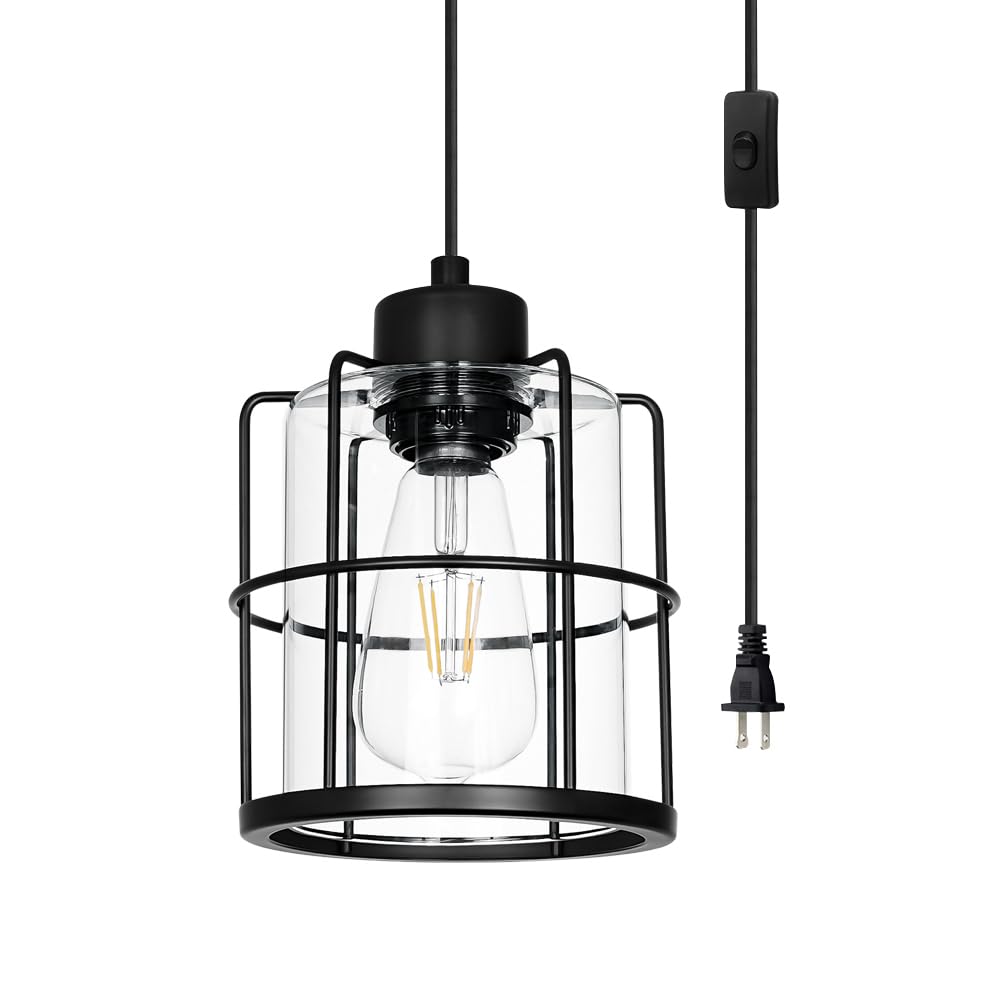 Photo 1 of Black Plug In Pendant Light For Ceiling, Hanging Light Fixture With 16.4ft Plug In Cord, Adjustable Cage Plug In Hanging Lamp With Clear Glass Shade, Small Swag Light Fixture For Bedroom