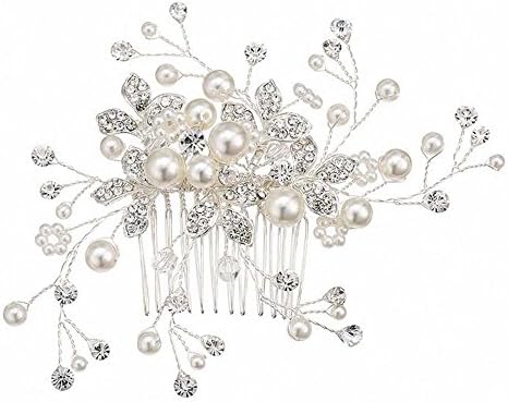 Women's Handmade Hair Comb Simulated Pearl Crystal Hair Clip Flower Bridal Headpiece for Bridesmaids and Flowergirls Wedding Comb (White)