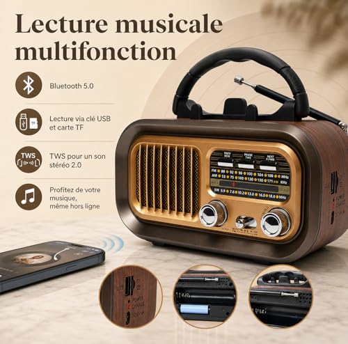 Portable Bluetooth AM/FM/SW Radio 1200mAh Rechargeable Vintage Radio with USB/TF Card/TWS, D Battery Operated Radio for Home, Garden, Camping and Elderly