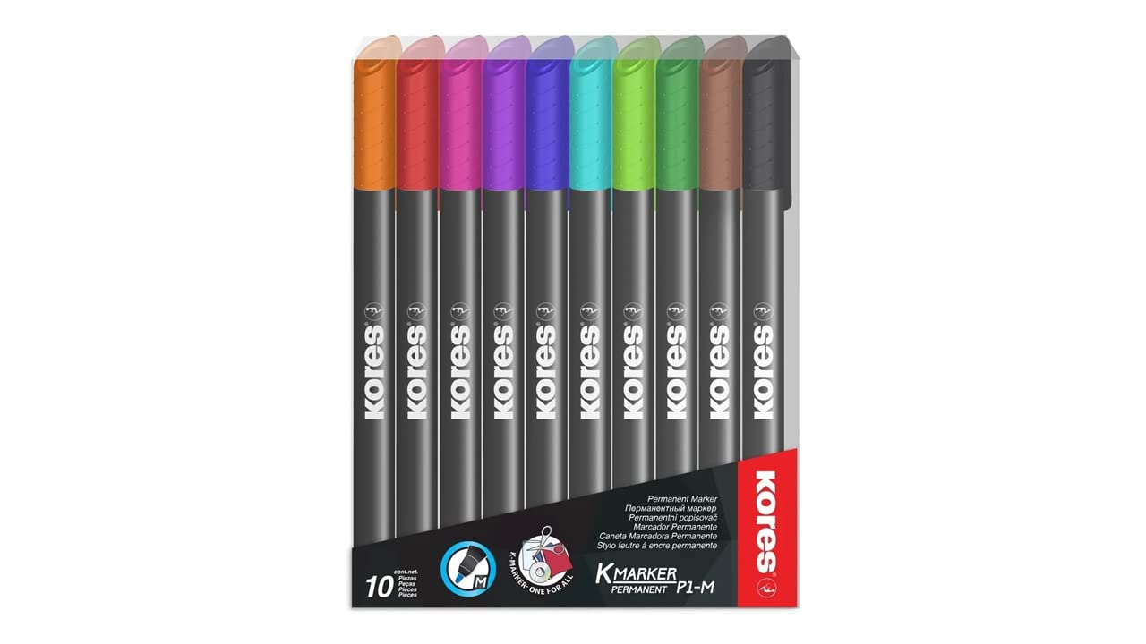 Kores - Permanent Marker Pens - K-Marker Permanent Fine, Fine Fibre Tip with Low-Odour Ink - Back to School Supplies, Office Supplies - Pack of 10 in Assorted Colours