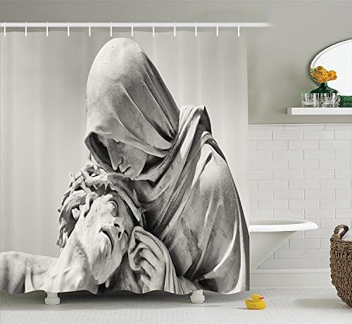 Sculptures Decor Collection, Passion of Christ in front of the Basilica Notre Dame de la Garde in Marseille France Image, Polyester Fabric Bathroom Shower Curtain, Grey
