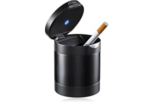 JUSTTOP Car Ashtray with Lid, Zinc Alloy Smokeless Car Ash Tray with LED Blue Light for Cup Holder, Detachable Portable Ashtr