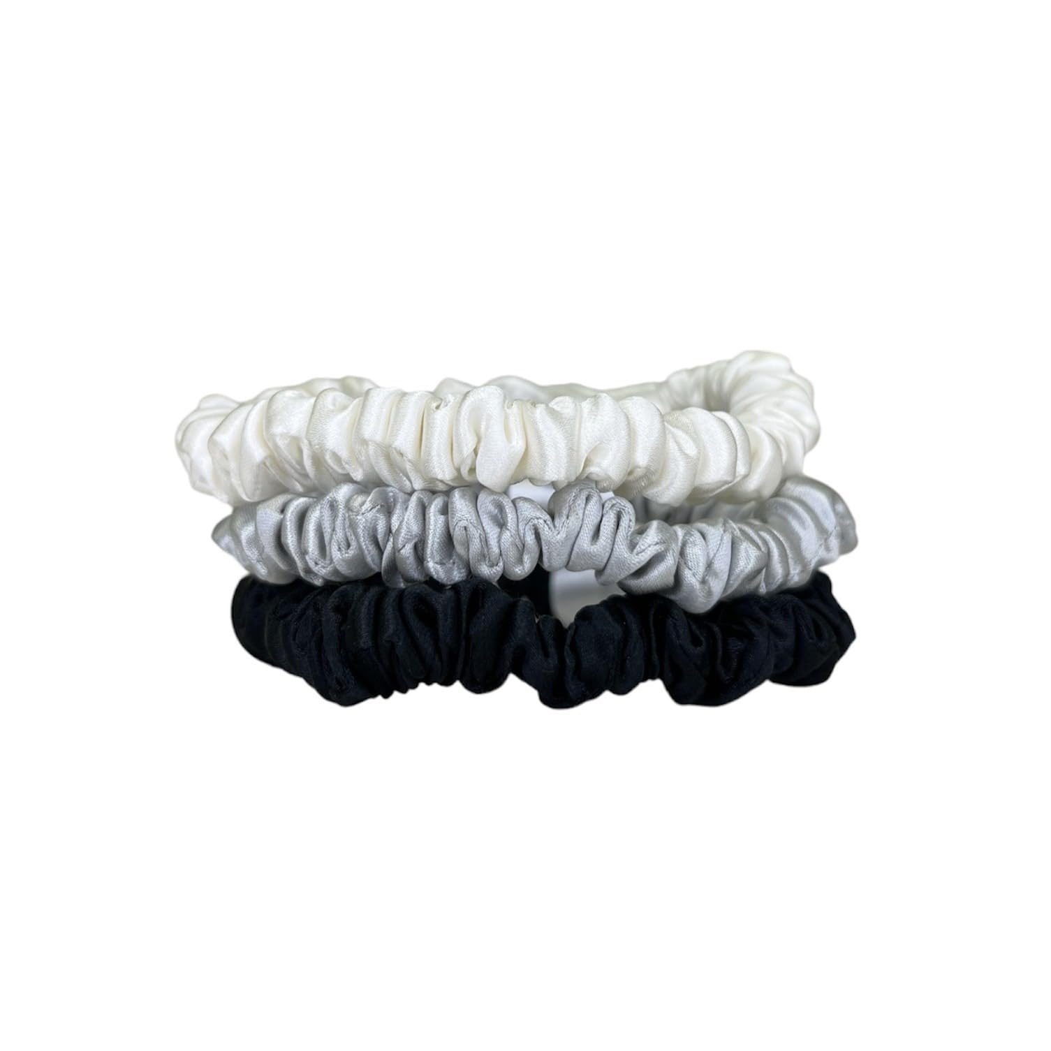 Jasmine Silk Pure Silk Charmeuse Scrunchie - Scrunchies For Hair (3 pack Skinny Ivory, Grey and Black) — image 1