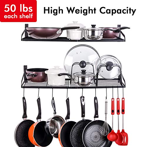 Sunix Pan Pot Rack, Wall Mounted 2-Tier Pan Hanging Racks, Pot Shelf Organizer with 10 Hooks and Pot Lids Holder