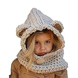 Winter Baby Kids Hat and Scarf, Unicorn/Rabbit/Bear/Fox/Cat Animal Windproof Hats Knitted coif Hood Scarf Beanies For Autumn Winter (Beige-Bear)