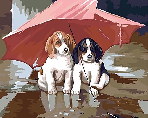 CUFUN Art Paint by Numbers Kit DIY Pre-Printed Canvas Oil Painting Gifts for Kids Adults Wall Decor without Frame Cute Dog under the Umbrella 40x50cm