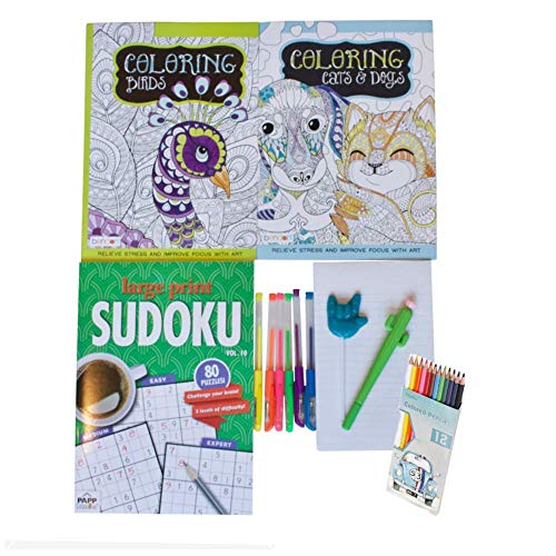 Coloring Care Package with Birds and Animals Books, Sudoku, Pens and Pencils, Cactus Pen, Notepad and a Surprise Squishy Stress Ball
