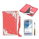 Galaxy Note 2 Case, Elonbo TM Red Diamond Pattern Bling Flower Wristlet Snaps PU Leather Wallet Flip Pouch Case Cover Skin For Samsung Galaxy Note 2 N7100+ Cleaning Cloth + Touch Pen Stylus+ Front Screen Protector