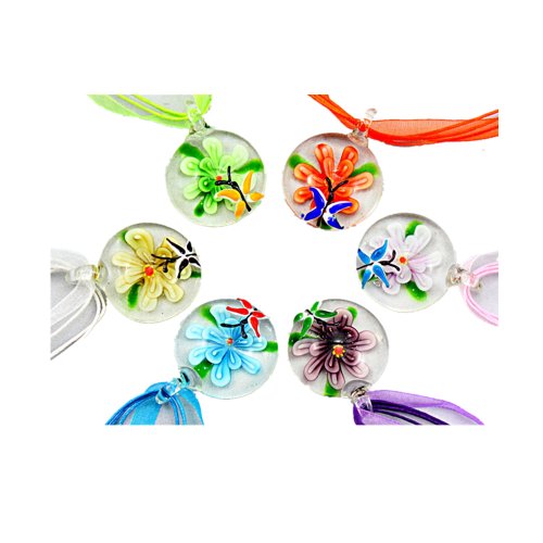 Colorful Murano 3D Flower Glass Pendant Necklace 6PC Mix Color Set