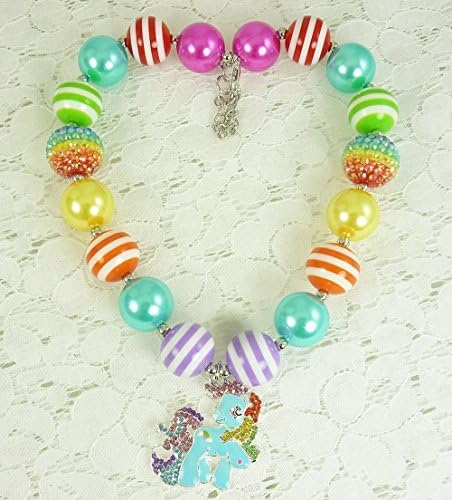 Baby, Toddler Bubblegum Necklace, "Rainbow Dash" inspired My Little Pony Rhinestone Pendant, Girl's Fashion Jewelry, 1st Birthday, Photo Prop, Infant's Colorful Beaded Neck wear.