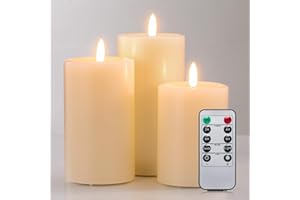 UNIVELA Flameless Candles Set of 3, Realistic Real Wax Top Flat 3D Wick Ivory Pillar Candles Set with Remote, Size D: 3'' x H