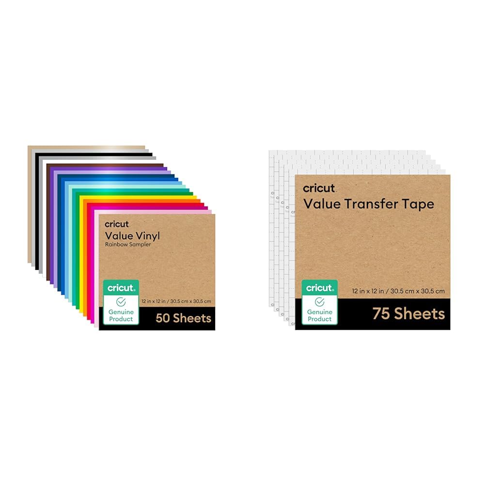 Cricut Value Permanent Vinyl - 50-sheet Rainbow Sampler, (12in x 12in) + Cricut Value Transfer Tape 75-Sheets (12in x 12in) Image