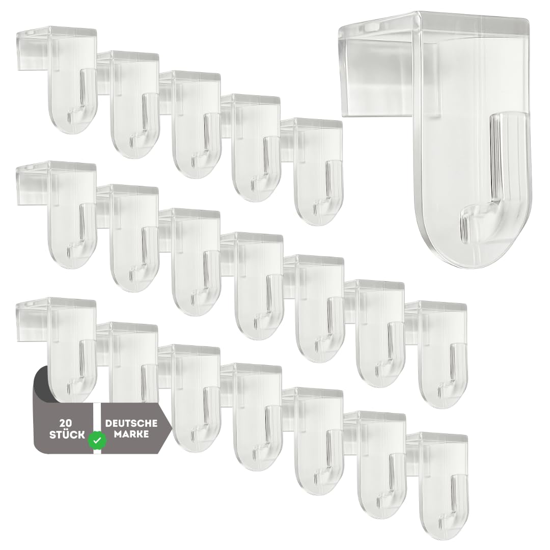 DE-Plastik Transparent Window/Door Decoration Hooks, 20 Pieces, Plastic, 35 x 20 mm, Suitable for Windows/Doors up to 17 mm Fold