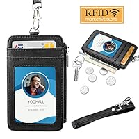 Leather Badge Holder, Vertical ID Credit Card Case Wallet with Lanyard, Carabiner (Clasp), Zipper, Double-Sided Multiple Slots & Clear ID Window, Universal for Cards & Money, for Women & Men (Black)