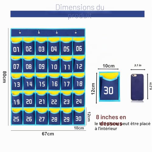 Classroom Numbered Pouch, 30 Hanging Storage Bag for Mobile Phone Calculators Pocket Board with 4 Hooks, Over the Door Phone Organizer (Light Blue)