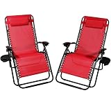 Sunnydaze Outdoor XL Zero Gravity Lounge Chair with Pillow and Cup Holder, Folding Patio Lawn Recliner, Red, Set of 2