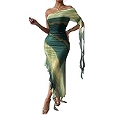 LIGHT DOT Women's Printed One Shoulder Dress Sleeveless Bodycon Maxi Mesh Layered Tassel Cocktail High Split