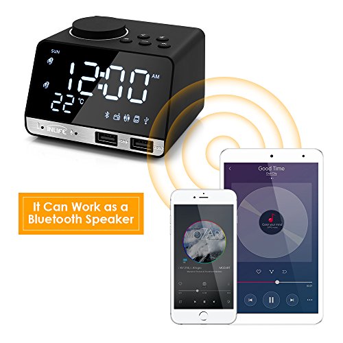 Digital Alarm Clock Radio Thermometer Clock LED Alarm Clock Bluetooth Speaker, Alarm Clock with USB Charging, Snooze, Portable Clock, AUX TF Card Play