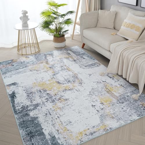 Photo 1 of BRICHOEE Modern Abstract Washable 6x9 Living Room Rug, Gold and Grey Bedroom Mat Soft Non-Slip Low Pile Contemporary Front Entrance Carpet for Hardwood Floor Decor