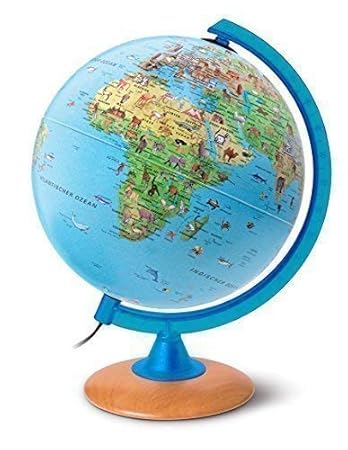 Kinderleuchtglobus 25cm mit vielen Abbildungen, heller Holzfuß, Meridian blau, deutsch - mit LED Lampe
