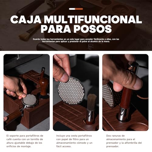 CEVYEA Estacion de Cafe Multifuncional para 51/54/58 mm Tamper Espresso, Distribuidor, Soporte Portafiltro + Base Accesorios para Cafe - Set para Cafe Barista Profesional con Almacenamiento Integrado