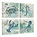 Bathroom Canvas Art Wall Decor Octopus Seahorse Marine Life Watercolor Wooden Pictures Canvas Prints Wall Art Rustic Beach Theme Wall Decor 4 Pieces Framed Wall Art for Bedroom Ready to Hang 14x14