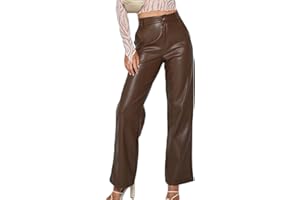 HEZIOWYUN Faux Leather Pants for Women Solid Color High Waist Straight Leg Trousers Vintage 90s Streetwear Pant with Pockets