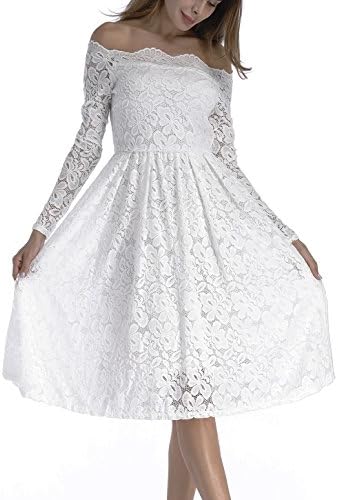 The Aliby Women Vintage Floral Lace Long Sleeve Off Shoulder Elegant Cocktail Swing Dress