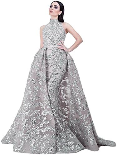 Ruisha Charming Arabic Evening Gowns Sleeveless A Line Gold Sequin Halter Prom Dresses Party Dress