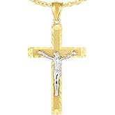 Floreo 14k Yellow Gold 1.6" Diamond Cut & Textured Jesus Crucifix Two-Tone Cross Charm Pendant with optional Adjustable Chain Necklace