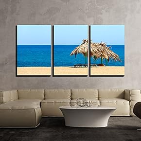 3 Piece Canvas Wall Art - Blue Sea, Golden Sand, Sunbeds and Umbrellas on The Beach. iOS Island, Greece - Modern Home Art Stretched and Framed Ready to Hang - 16"x24"x3 Panels